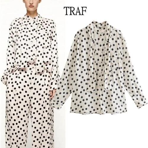 TRAF Za Polka Dot Shirt Woman Long Sleeve Button Up Top Fashion Bow Elegant Blouses Autumn Women Chic Office Lady Oversize Shirt
