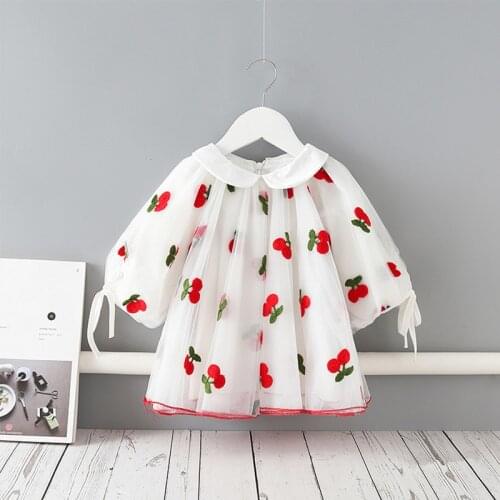 Baby Girls Dress Cherries Embroidery Kids Clothes Lantern Sleeve Peter Pan Baby Dress Girl Party Tutu Princess Children Clothing