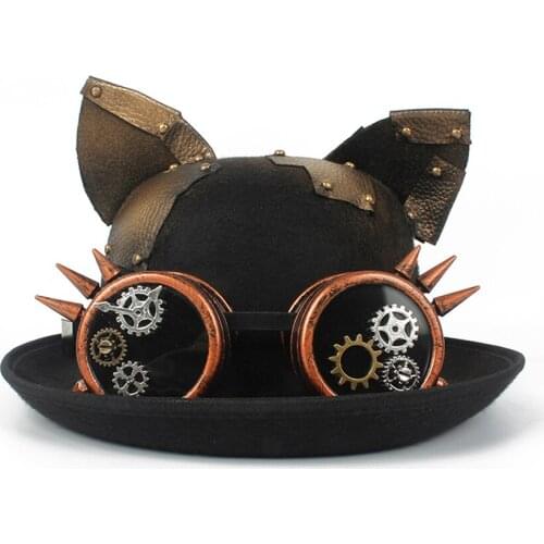 Handmade Women Men Steampunk Bowler Hat Patch Gear Glasses Topper Top Hats Fedora Headwear Cosplay Billycock Groom Cat Ear Hat
