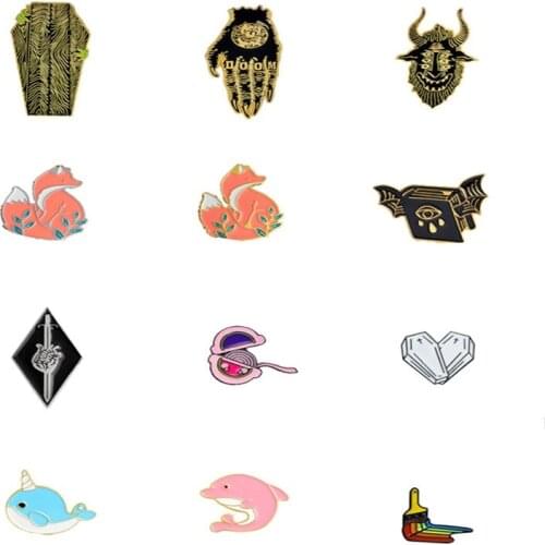 Hot Sale enamel brooches coffin hand Bull head fox flying book Square shell Narwhal dolphin brush shape brooch Jewelry gift