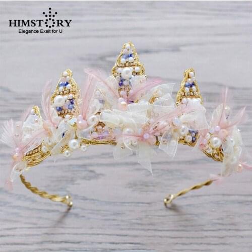 HIMSTORY Handmade Pink Organza Flower Crown Tiara Rhinstone Crystal Peal Princess Headbands Wedding Hair Accessories