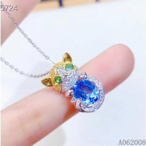 KJJEAXCMY fine jewelry 925 pure silver inlaid natural blue topaz emerald girl new Pendant lovely cat Necklace support test