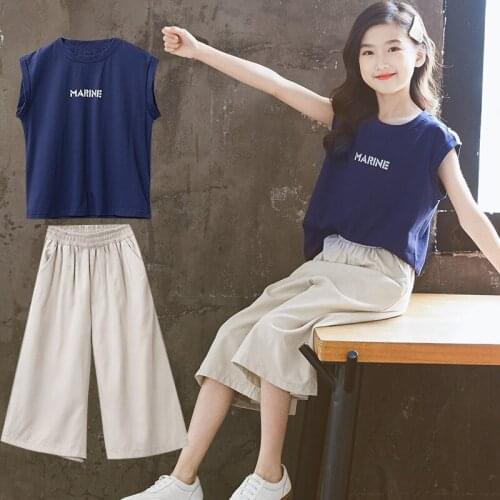 Children Sets 2021 Summer New Teenage Girl Letter Print Sleeveless Top And Wide Leg Pants 2Pcs Outfits For 4 6 8 10 12 14Year