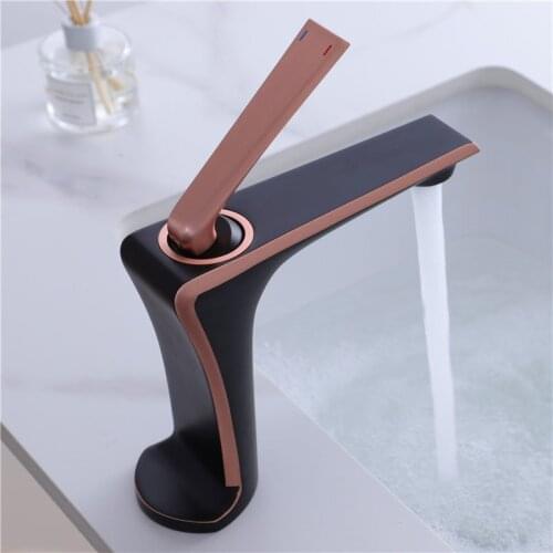 Bathroom Basin Faucets Brass Sink Mixer Taps Hot & Cold Single Handle Deck Mounted Lavatory Crane New Arrival Rose Gold & Black