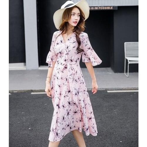 Summer Maternity Dress Fashion Short Sleeve Mid-length New V-neck Lotus Sleeve Flower Print Maternity