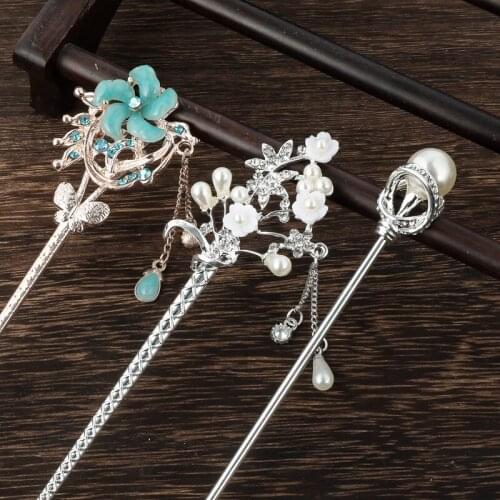 Chinese Style Metal Rhinestone Hair Stick Tassel Hairpin Hair Chopsticks Pearl Floral Design Vintage Headpiece Jewelry for Women