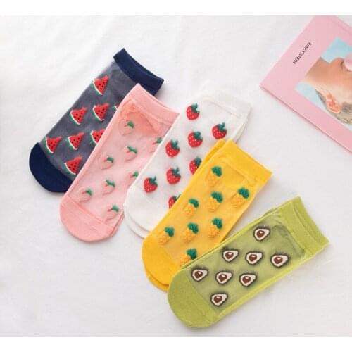 Fashion female socks spring and summer college wind net red glass silk crystal ladies thin section fruit cotton sock