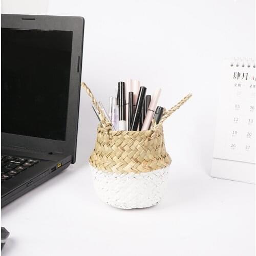 Office Home Desktop Pen Makeup Brush Holder Stationery Seagrass Storage Bucket Pencil Container Case Desk Plant Flower Pot