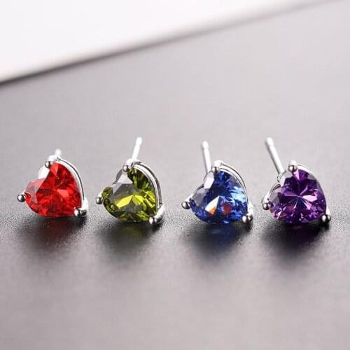 Wholesale Jewelry -- 4 Colors Single Heart CZ 7mm Stud Earrings for Women White Gold Color AAA+ Cubic Zircon