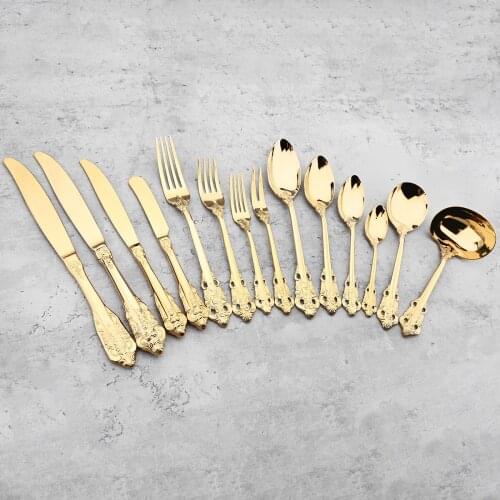 Luxury Gold Dinnerware Set Vintage Western Plated Cutlery 18/10 Stainless Steel Tableware Steak Knife Fork Spoon Silver Flatware