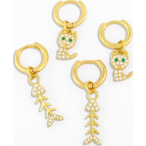 FLOLA Small Animal Cat Earrings For Women Stone Cute Fishbone Drop Earrings CZ Pave Cubic Zirconia Huggies Jewelry Gifts ersv90