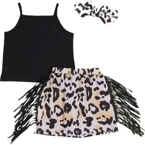 Stylish 3Pcs Kids Summer Outfit, Solid Color Braces Vest + Leopard Print Tassels Short Skirt + Headband for Girls, 2-7 Years