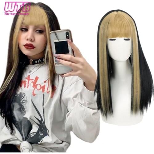 WTB Black Straight Wig with Blonde Bangs for Women Synthetic Long Wigs Cosplay Daily Use Red Purple Heat Resistant Wigs