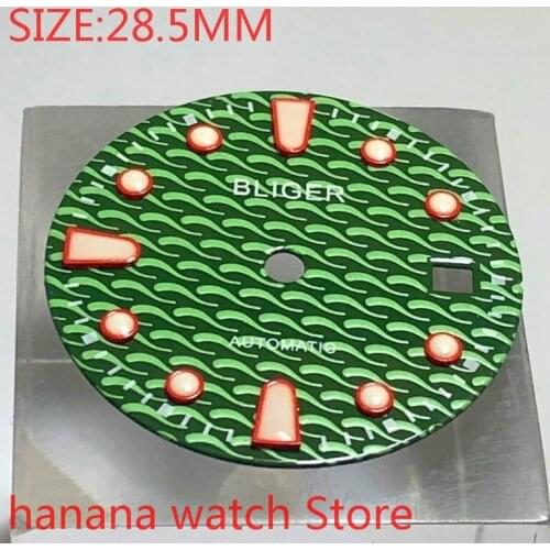 BLIGER 28.5mm premium watch parts green dial Mens watch night disc, suitable for Eta 2824/2836 Miyota 8215/8205/821a