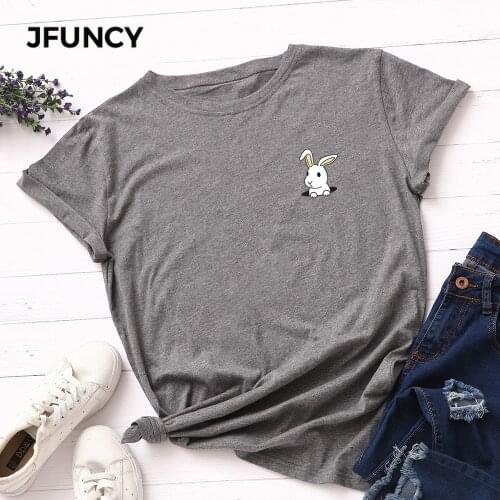 JFUNCY Plus Size S-5XL Lovely Rabbit Print TShirt Women Shirts 100%Cotton O Neck Short Sleeve Summer T Shirt Tops Women T shirt