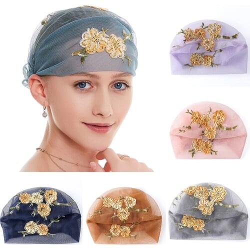 Women Summer Embroidered Inner Hijab Caps Flower Beanies Muslim Hijab Underscarf Lady Turban Head Wrap Cap Breathable Headscarf