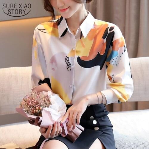 2021 Spring New Womens Office Loose Long-Sleeve Shirt Plus Size Cardigan Flower Print Shirt Women Chiffon Blouse Tops 11128