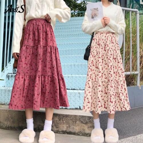 Anbenser Flower Print Maxi Skirt Female High Waist Winter A-line Long Skirts Women Girls Vintage Floral Pleated Skirt Streetwear