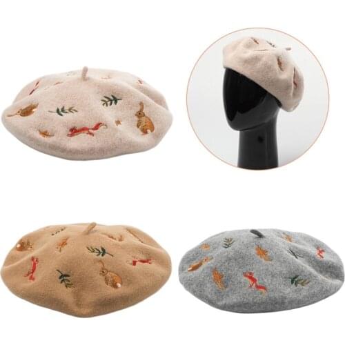Korean Women Winter Faux Wool Elastic Beret Cap Kawaii Cute Cartoon Forest Rabbit Squirrel Embroidery Painter Beanie Hat