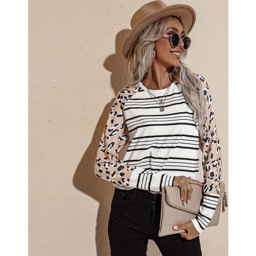 2021 Autumn Sweater Women Leopard Print Splicing Long Sleeve Jumper Casual Loose Stripe Pullover Ladies O-Neck Tops