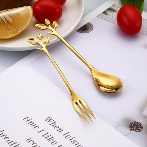 1PCS Leaves Fork Spoons Dessert Cake Fruit Salad Forks Stainless Steel Spoons Coffee Milk Stirring Spoons Tableware Honey Spoon