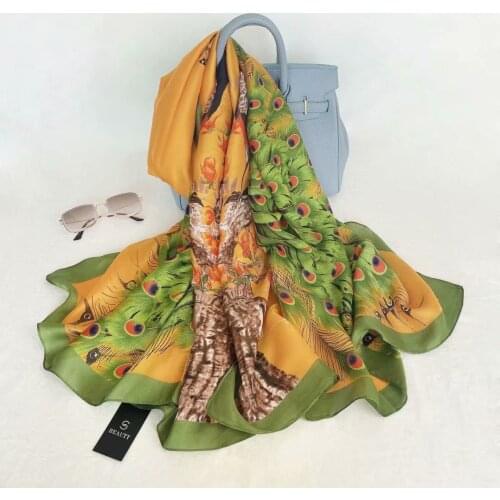 90*180cm Newest Peacock Print Long Scarf Grandma Decorative Skinny Foulard Shawl Silk Hand Feeling Hijab Bandana Birthday Gift