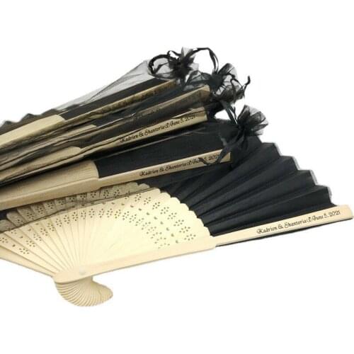 90PCS Personalized Wedding Folding Fan with Yarn Bag Customized Party Gift Silk Printing Portable Fold Fans in Organza Bags