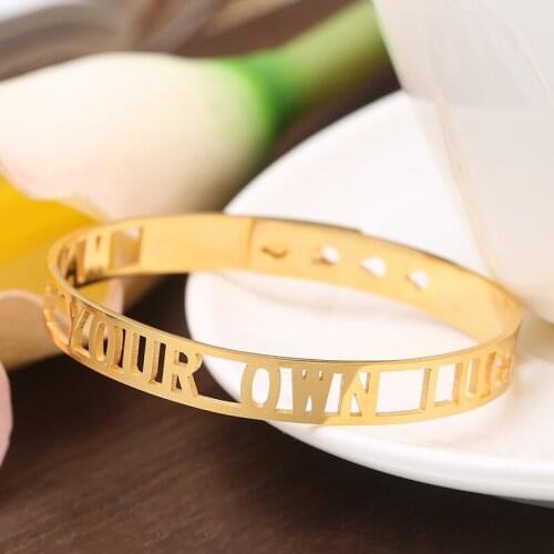 Free Shipping 2018 New Stainless Steel Rose Gold HoLLow Out Letter MARK YOUR OWN LUCK Cuff Bracelet Bangle Jewelry
