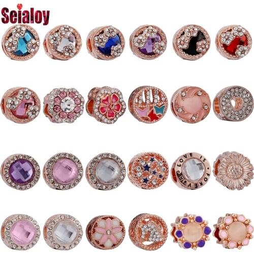 Seialoy 2pcs Rose Gold Round Beaded Charm Fit Brand Bracelets Bangle Shiny Rhinestone Flowers Unicorn Jewelry Accessories Beads