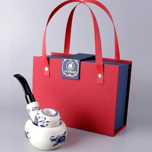 Chinese Style Handmade Blue and White Ceramic Tobacco Pipes Bent Saddle Pipe Smoke 9mm Pipe Filter Family Friend Gift Box Kits