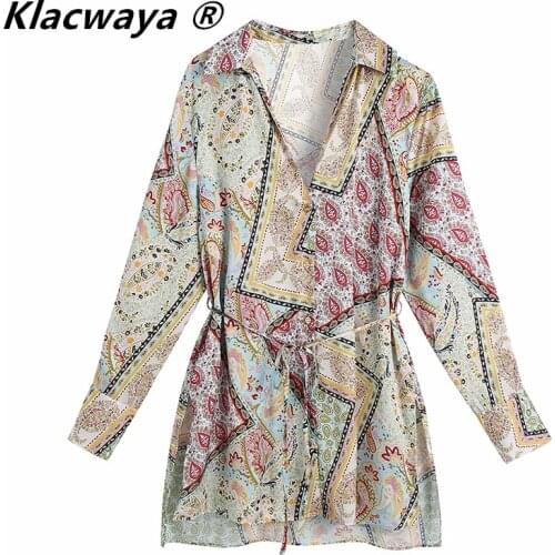 Klacwaya Women 2021 Fashion With Belt Printed Kaftan Blouses Vintage Long Sleeve Side Vents Female Shirts Chic Tops Mujer
