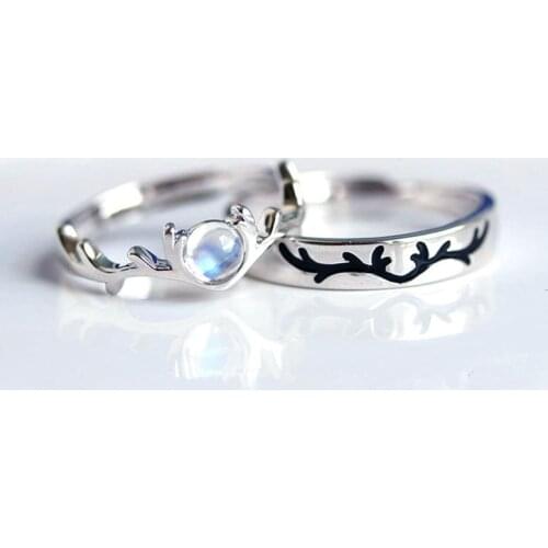 925 Sterling Silver Moonstone Deer Elk Couple Ring For Women Men Wedding Valentines Day Jewelry jz523