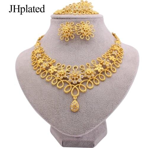 Folwers necklaces set of earrings bracelets gold plated jewelry sets African bridal gifts Necklace ring jewellery set for women