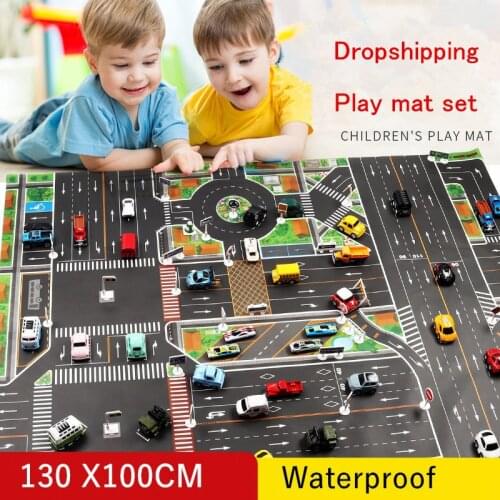 Dropshipping Large Play Mat Set Mat + 6 pc Car + Sign 130*100CM Waterproof Non-woven Kids Playmat with Car Toys for Children Mat
