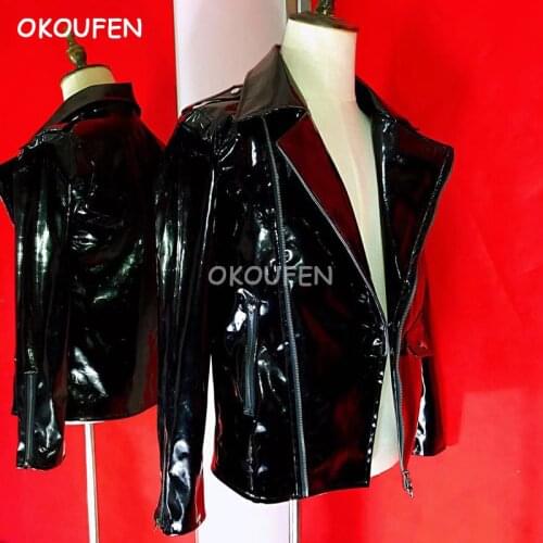 Mens Black patent leather Jacket motorcycle punk leather coat nightclub bar male singer dancer stage show performance costumes