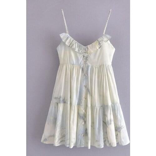 Summer Spaghetti Strap Beach Mini Dress Women Tie Dye Print Ruffles Chic Dresses Sleeveless A Line Buttons Sundress