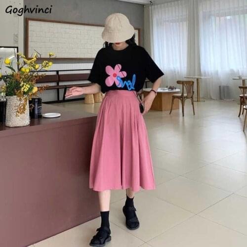 Summer Sweet Sets Women Print Short Sleeve T-shirt Pleated A-line Mid-calf Skirt Loose Streetwear Leisure All-match Students Ins