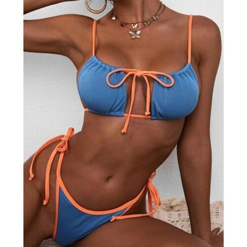 Summer Ladies Sexy Blue Mini Bikini Set High Quality Assorted Color Matching Straps Square Backless Two Piece Bikini Beachwear