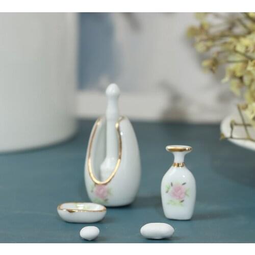 8Pcs/set 1/12 Scale Dollhouse Miniature Vintage style Bathroom Accessory Rose Floral Ceramic Dollhouse Furniture Accessories