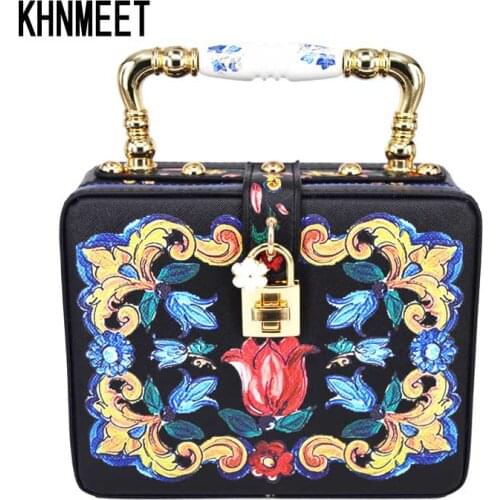 Fashion Box Evening Bag Oil painting Flower Black lock Clutch Bag strap Mini Tote Bag Ladies Purse trunk White Women Handbags