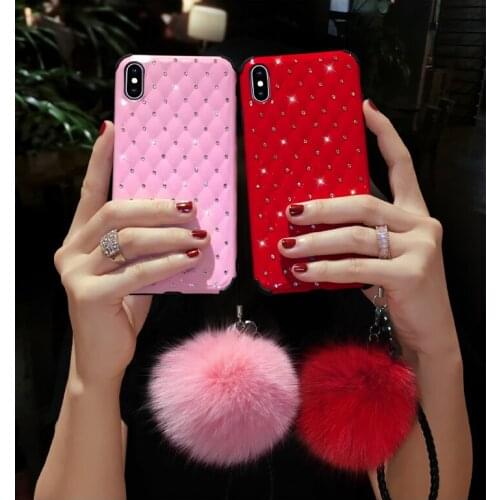 Fashion Cute Candy Color Bling Crystal Diamond Fox Fur Ball Pendant Hand Chain Case For iPhone 11 Pro XS Max XR X 8 7 6 6S Plus