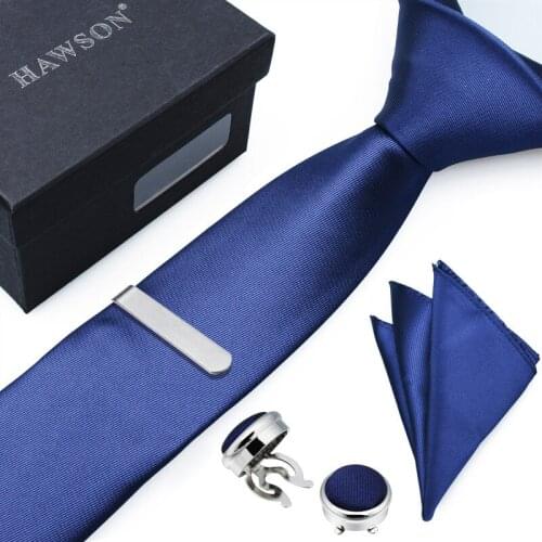 HAWSON Fashion Blue Necktie Set with Pocket Square Tie Clip & Button Cover CuffLinks for Graduation Party, Mens Accessory