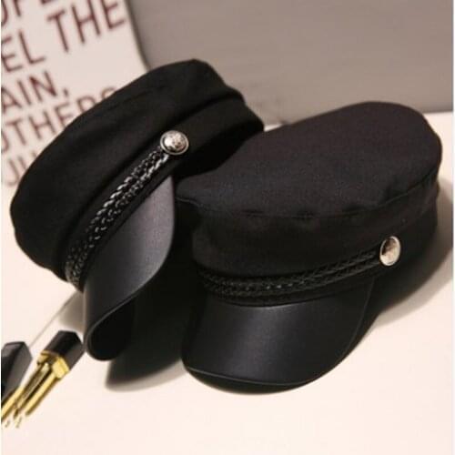 Fashion Unisex PU Leather Military Hat Autumn Sailor Hats for Women Men Black Grey Flat Top Female Travel Cadet Hat Captain Cap
