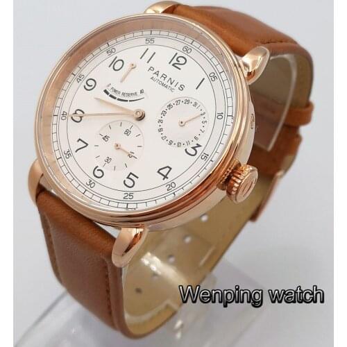 New Parnis 42mm mens luxury mechanical watch rose gold case date leather automatic movement leisure fashion Watches