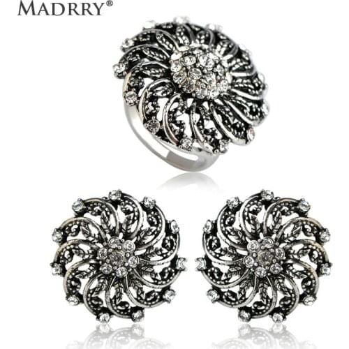 Madrry Jewelry Sets Flower Earrings&Ring Antique Silver color Stud Earrings Big Round Crystal Aros Vintage Classic Schmuck Sets