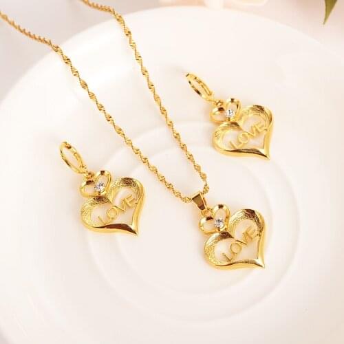 Stamep L O V E heart Character Rhinestone Jewelry sets Pendant Necklaces Earrings 24 k Fine Gold GF CZ girls Europe women