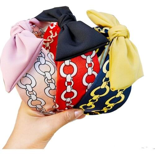 Wide-edged Bow Hair Band Printed Chain Color Blocking Headband Double Cross Bowknot Hair Hoop Head Hoop Girl Hair Accessories