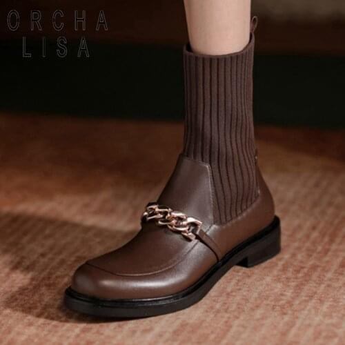 ORCHALISA Winter Retro Square Toe Boots Genuine Leather Metal Chain Knitting Woolen Tube Sock Boot Women 2021 Fashion Stretchy