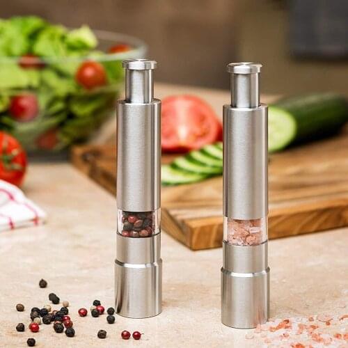 Manual Salt And Pepper Grinder Set Thumb Push Pepper Mill Stainless Steel Spice Sauce Grinders With Metal Holder Kitchen Tool
