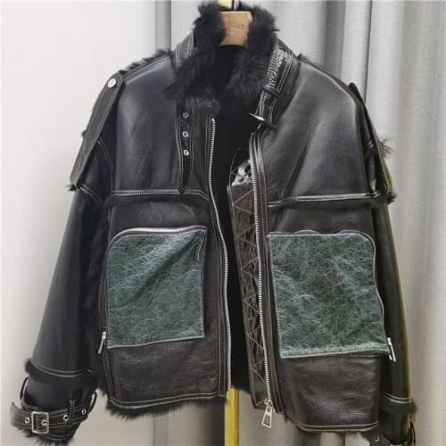 Russian winter warm women Real double faced fur jacket female Tuscany genuine leather with fur coat